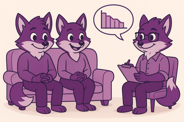 Purple fox couple sitting on a sofa with a financial adviser. A cashflow chart is shown in a thought bubble, symbolising shared retirement planning goals