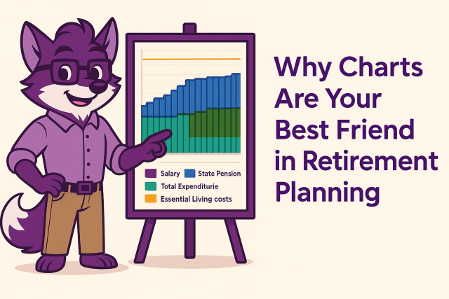 Illustration of a friendly purple fox character standing confidently beside a retirement planning chart, symbolising clarity and financial freedom.